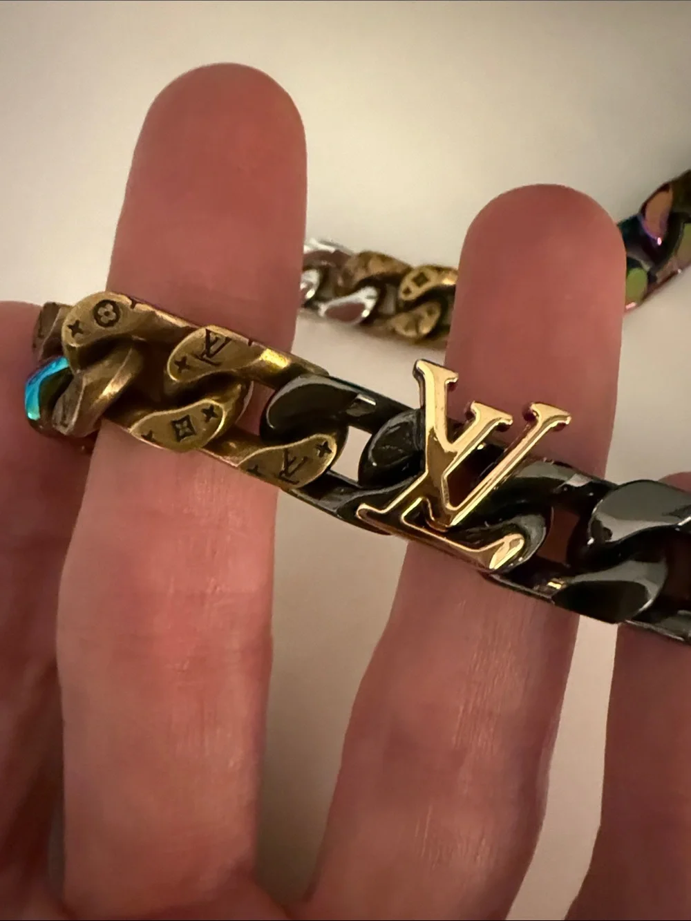 Louis Vuitton Multicolor Iridescent & Gold Cuban Link Necklace